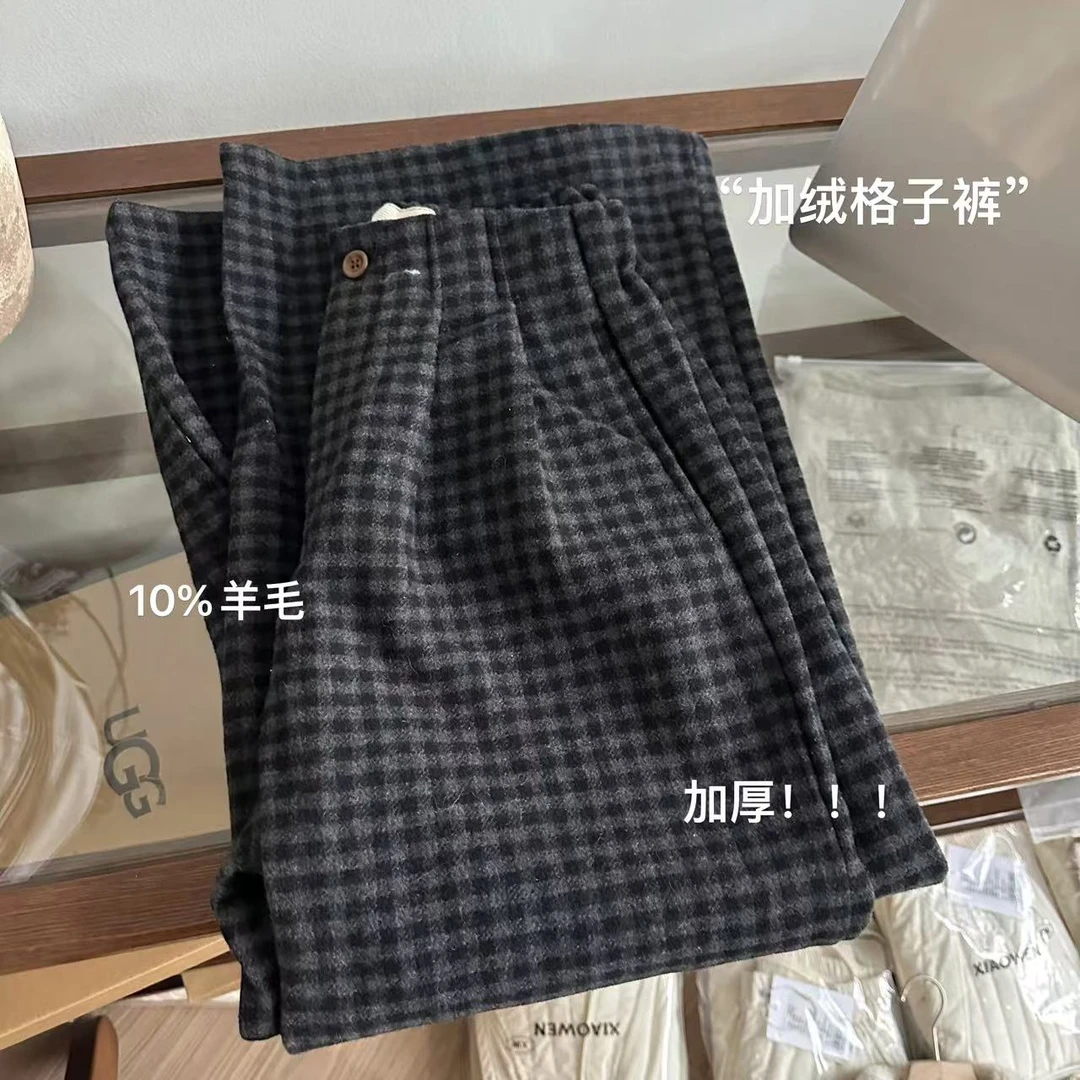 小文姐 W0737-‘加绒格子裤’复古加厚半松紧垂感宽松显瘦阔腿裤