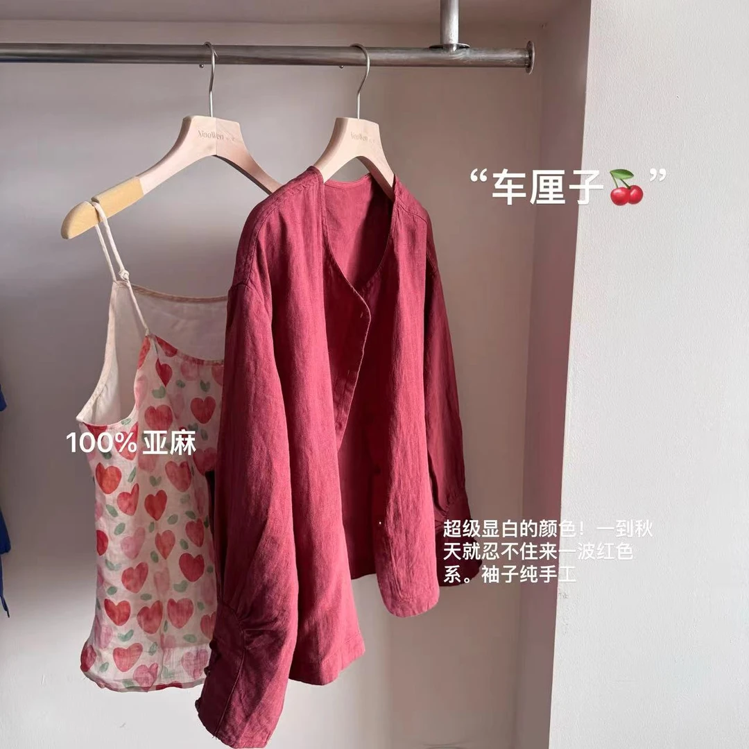 小文姐 W0413-‘车厘子’早秋文艺复古小复古风休闲盘扣长袖上衣