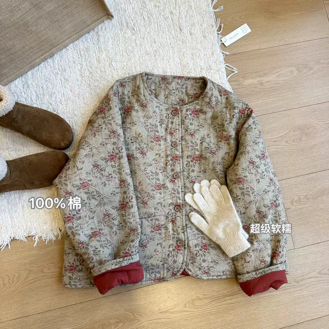 小文姐 W0679-复古冬季圆领休闲气质小众碎花棉服外套显瘦上衣