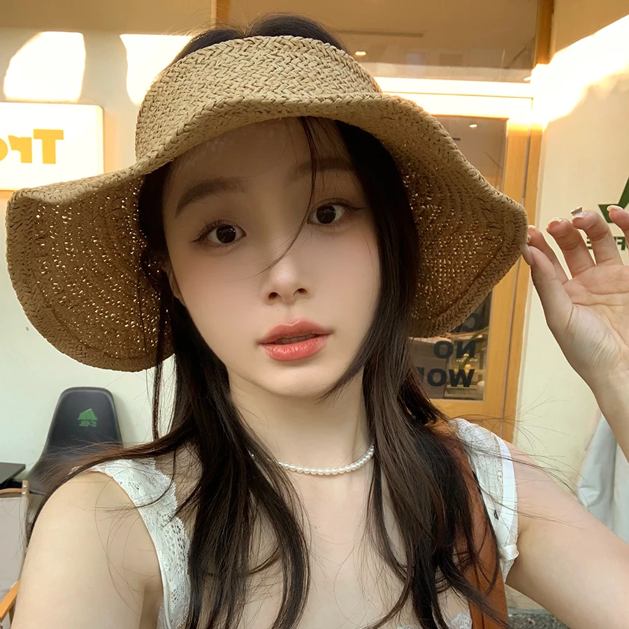 韩国ins风~高密拉菲草遮阳空顶帽女夏季海边度假可折叠防晒太阳帽