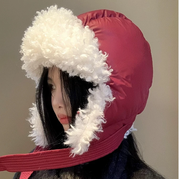 显脸小安可拉红色毛绒雷锋帽女2024年秋冬季显脸小东北保暖护耳帽
