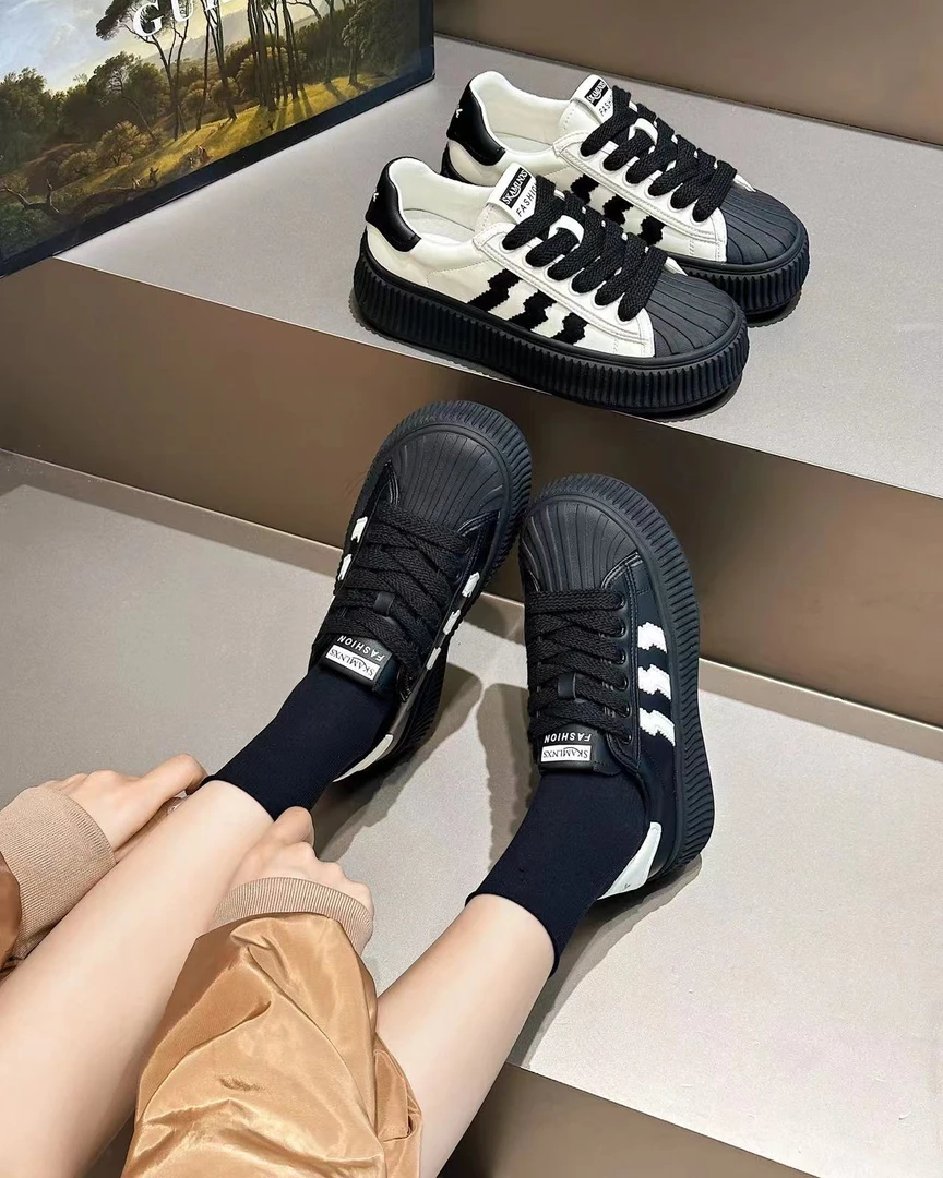 贝壳头校园风平底休闲板鞋2024年春秋季新款低帮单鞋时尚学生跑步