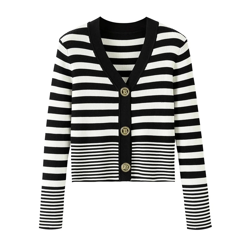 2024-秋季上新V领开衫黑白条纹时尚百搭-1018