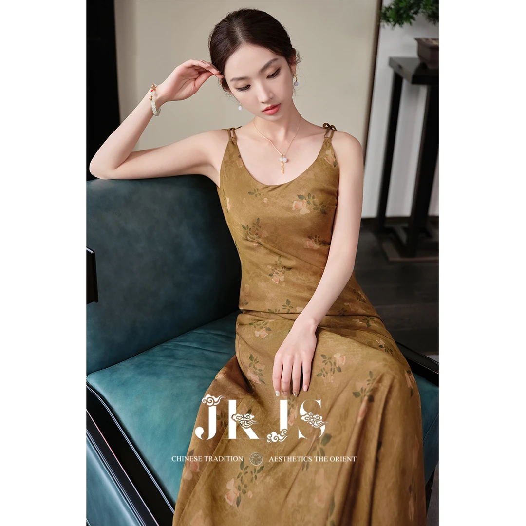 【JKJS】高定斜裁设计 新中式吊带连衣裙夏装2024新款复古长裙
