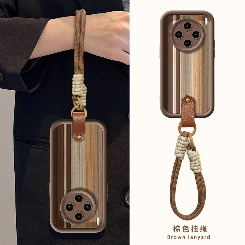 适用vivox100手机壳秋冬新女款vivos17pros美拉德条纹挂绳17/16咖