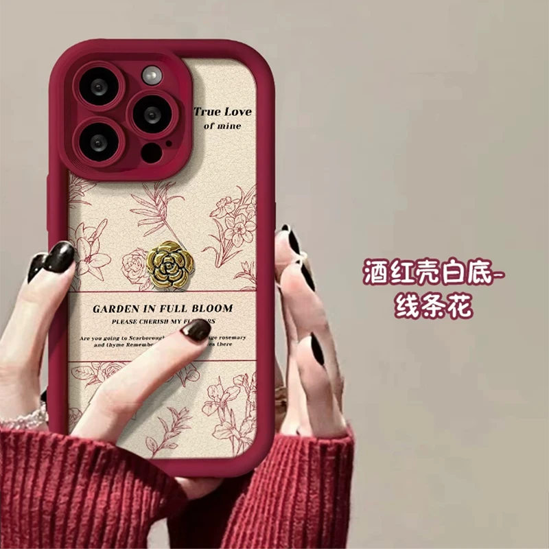 适用苹果15手机壳新款女iphone14全包防摔13promax酒红色素描玫瑰