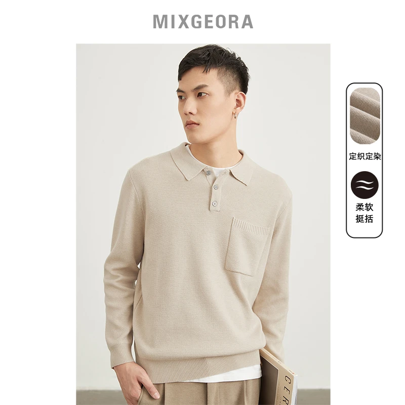 秋冬男士休闲宽松百搭潮流新款微阔贴袋简约纯色翻领保暖长袖毛衣