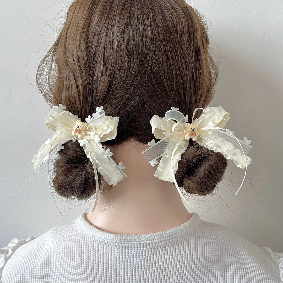 少女的小熊~原创可爱奶油多层蝴蝶结发夹刘海边夹发绳双马尾头饰
