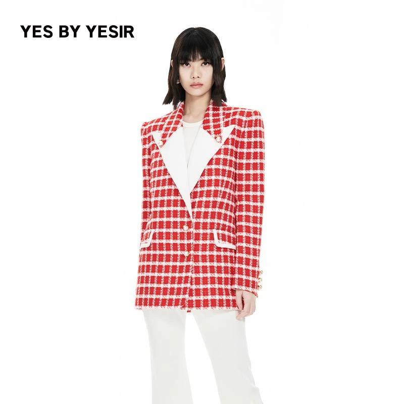叶谦原创设计师春夏新款女撞色鸿运格纹宽肩西服24SLC13002