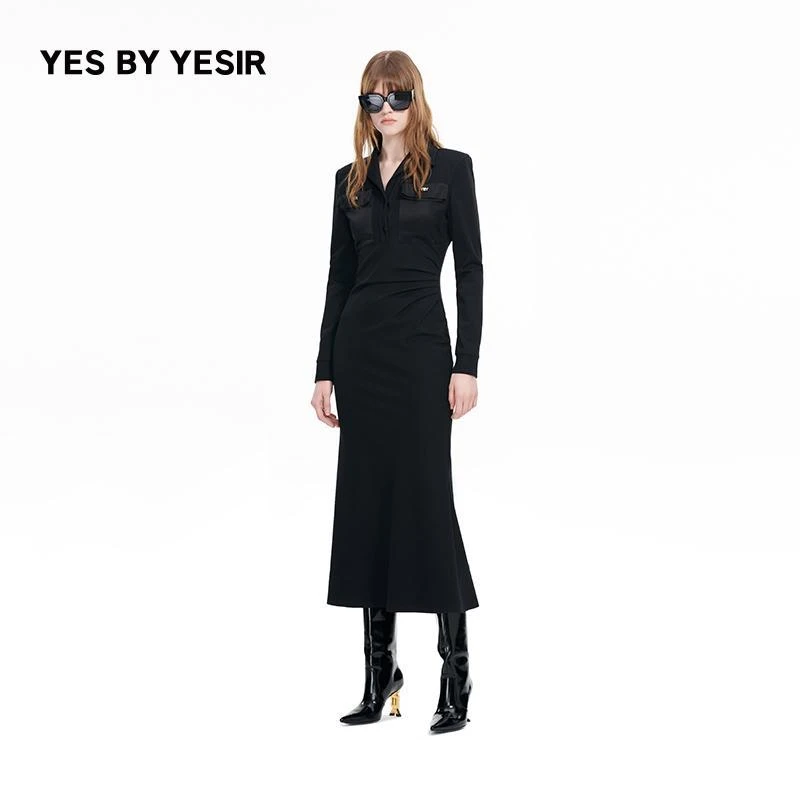 叶谦原创设计24早秋新款静奢裹身长款立领修身连衣裙YDFLC17201