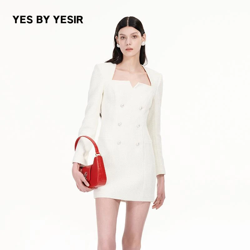 叶谦原创设计24秋新款白玫瑰名媛香风梯形领连衣裙