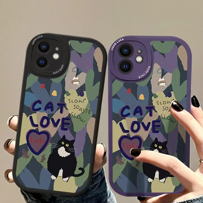 潮酷猫咪涂鸦iPhone14promax小羊皮XR/12苹果13手机壳11/78plus软