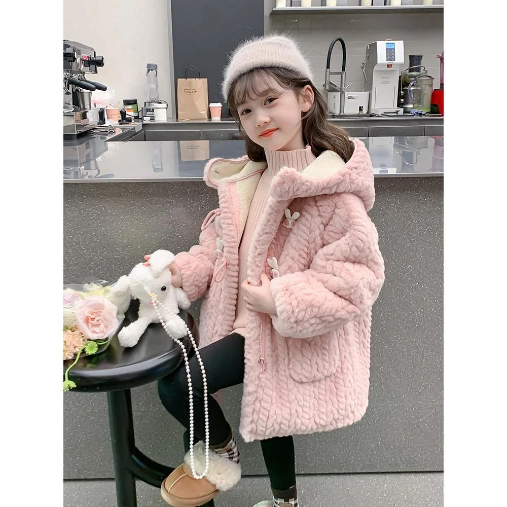 女童秋冬加绒外套冬装2024新款加厚儿童羊羔绒大衣宝宝冬季毛毛衣