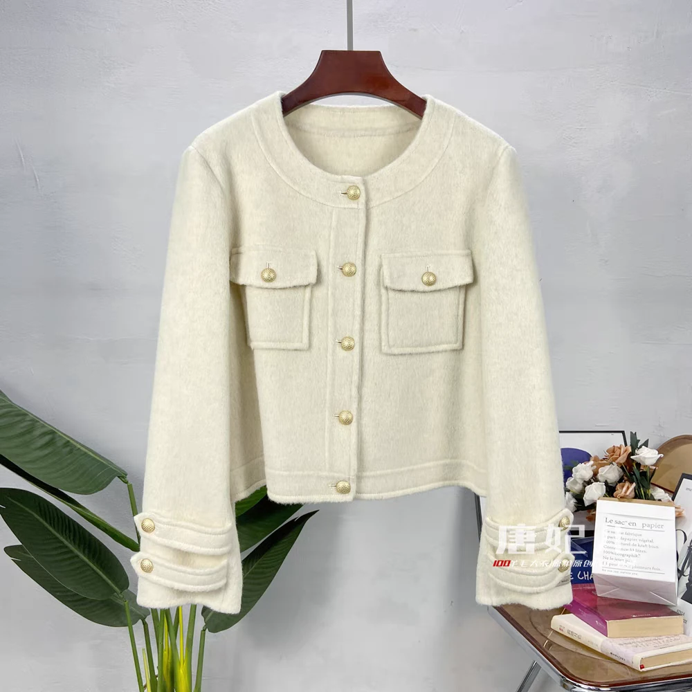 新款小香风双面羊绒大衣短款圆领单排扣高端羊毛呢子外套