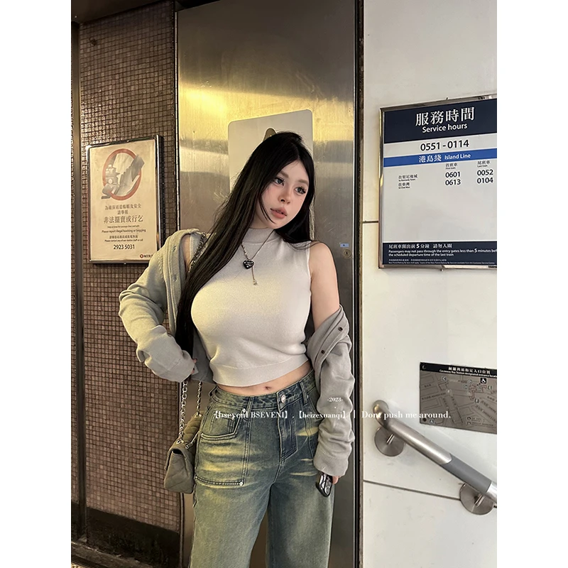 黑泽玄七2024春季新款微胖显瘦打底背心毛织开衫两件套针织衫女