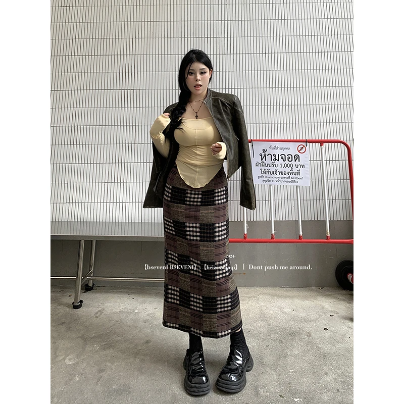 黑泽玄七微胖mm2024春季新款格子半身裙高级感高腰显瘦a字长裙女