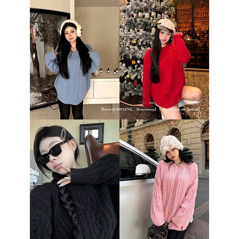 黑泽玄七2023冬季新款微胖气质圣诞慵懒风气质款麻花软糯感毛衣女