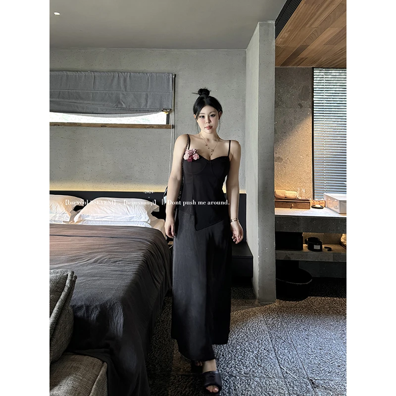 黑泽玄七微胖2024夏季新款百搭收腰黑色吊带连衣裙女98242L3617