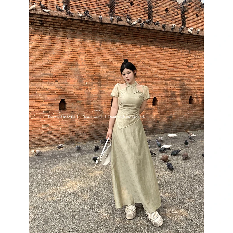 黑泽玄七新中式套装2024夏季新款微胖减龄国风上衣半身裙两件套女