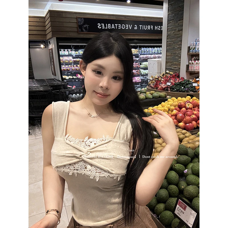 黑泽玄七背心2024夏季新款微胖蕾丝拼接设计感小众毛织无袖上衣女