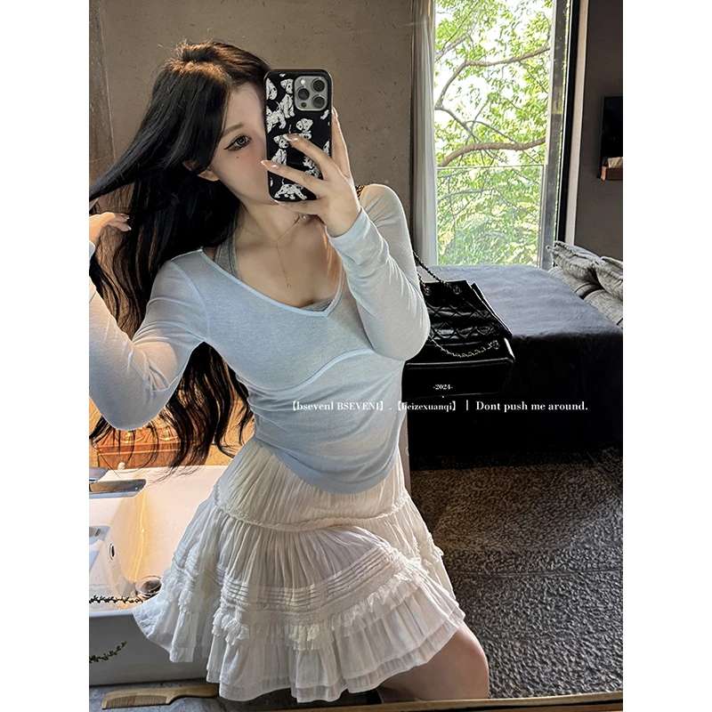 【现货链接】黑泽玄七微胖显瘦收腰撞色真两件甜辣长袖打底小上衣女