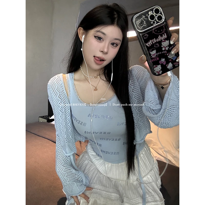 【现货链接】黑泽玄七针织开衫微胖宽松显瘦短款镂空长袖针织衫女