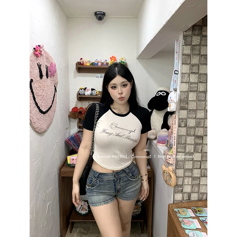 黑泽玄七t恤2024夏季新款圆领正肩打底衫微透撞色显瘦薄上衣女