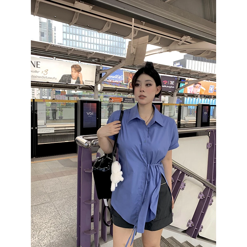 黑泽玄七2023夏季新款绑带收腰甜辣短袖衬衫上衣女98232CS6228