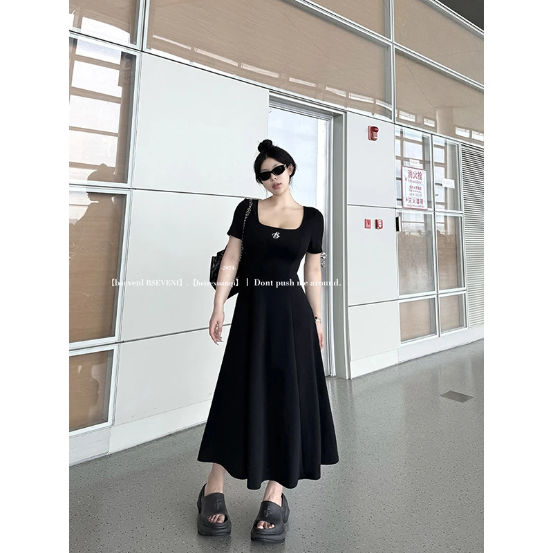 黑泽玄七连衣裙2024夏季新款微胖通勤收腰显瘦字母刺绣a字长裙女