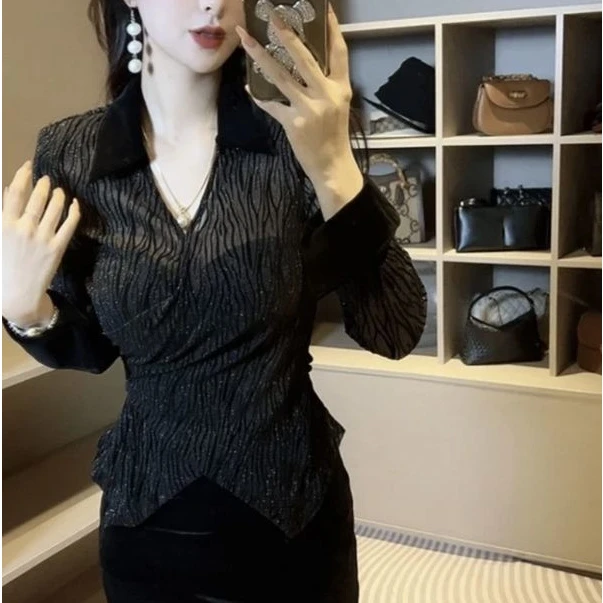 设计感小众褶皱V领长袖衬衫女2024秋季新款修身显瘦气质百搭上衣