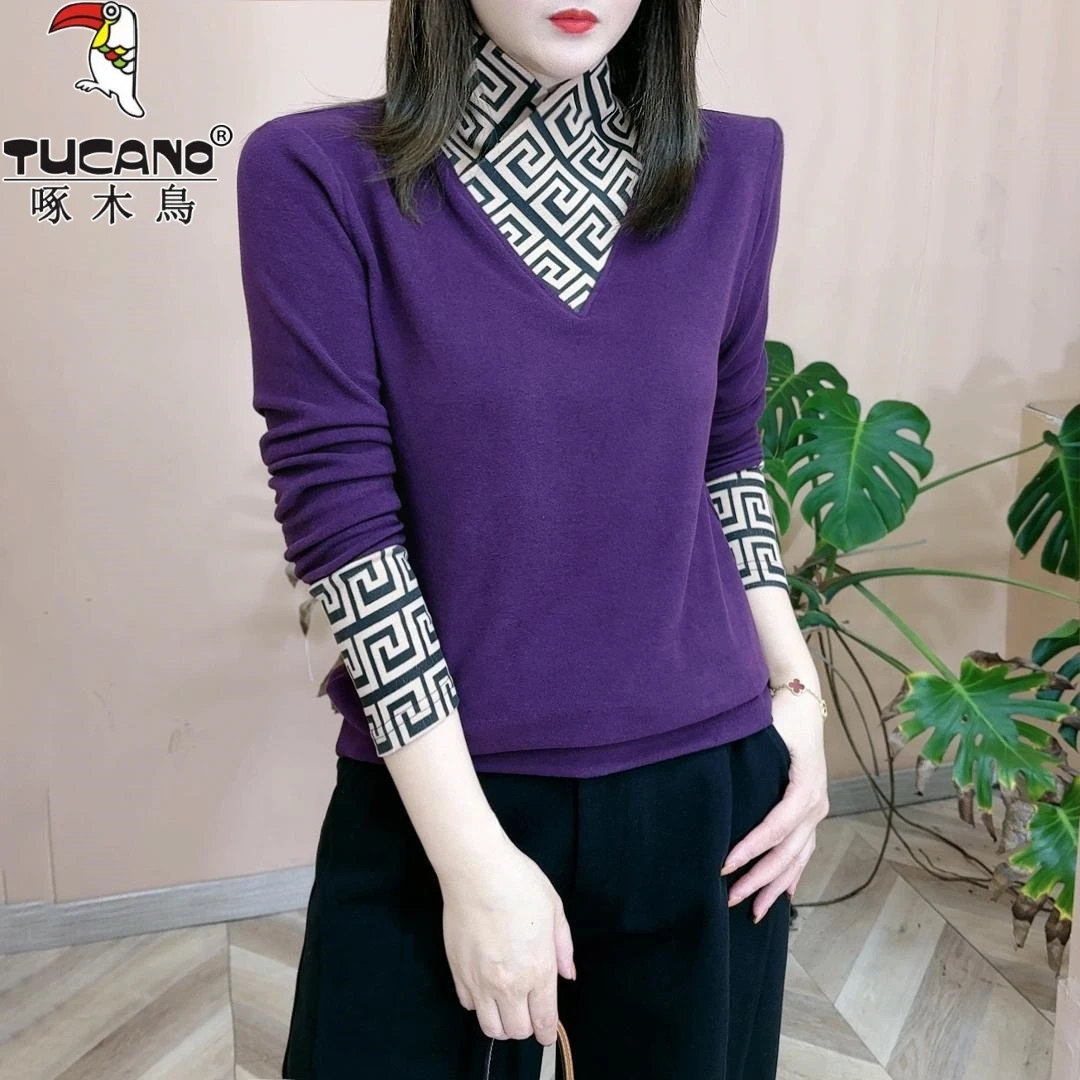 【啄木鸟】V领长袖打底衫大码遮肚子减龄洋气上衣高秋季减龄遮肚女