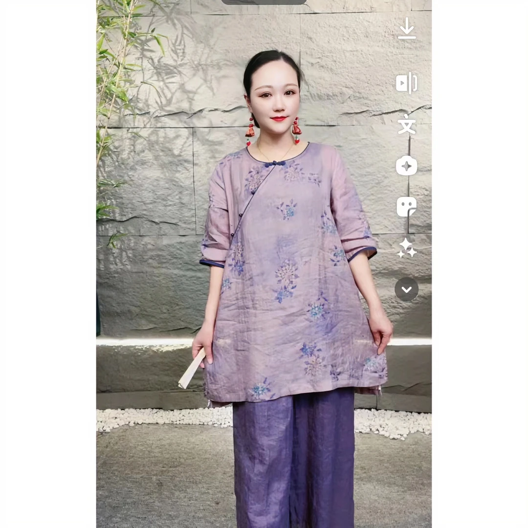 【盛涵】夏季苎麻印花复古圆领斜襟盘花琉璃扣女士中长款国风上衣