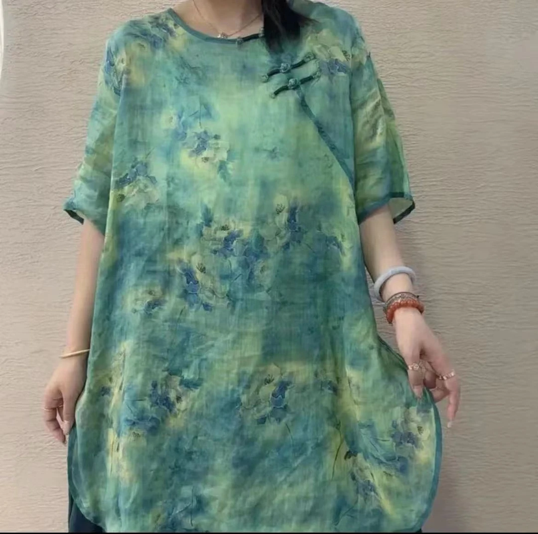 【盛涵】夏季苎麻女士印花圆领斜襟双盘扣开叉复古文艺中长宽松上衣