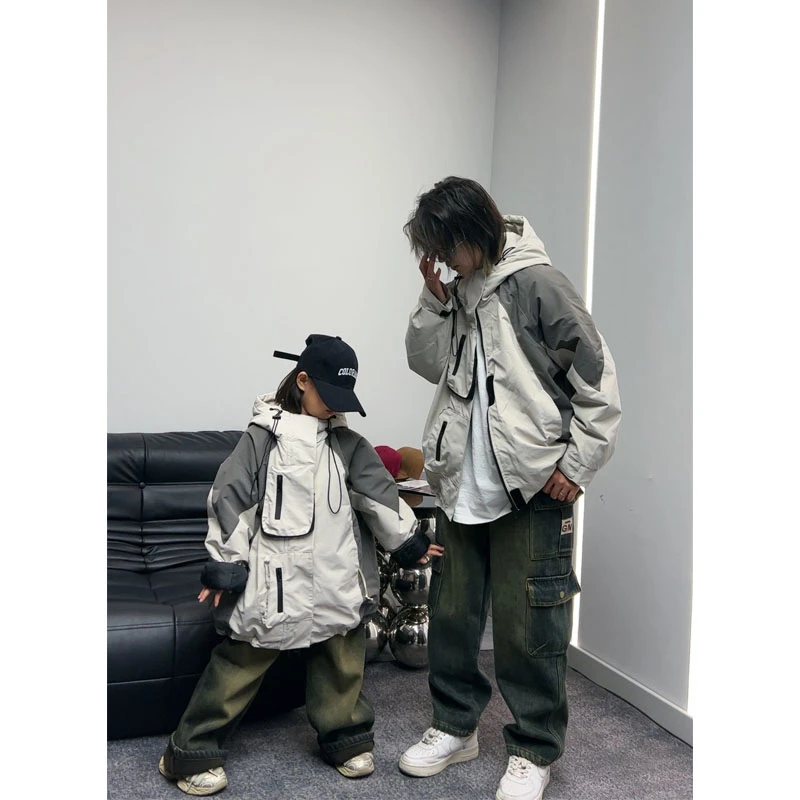 【潮牌外套】男女孩2023新款防风防水加棉户外连帽宽松冲锋外套9878