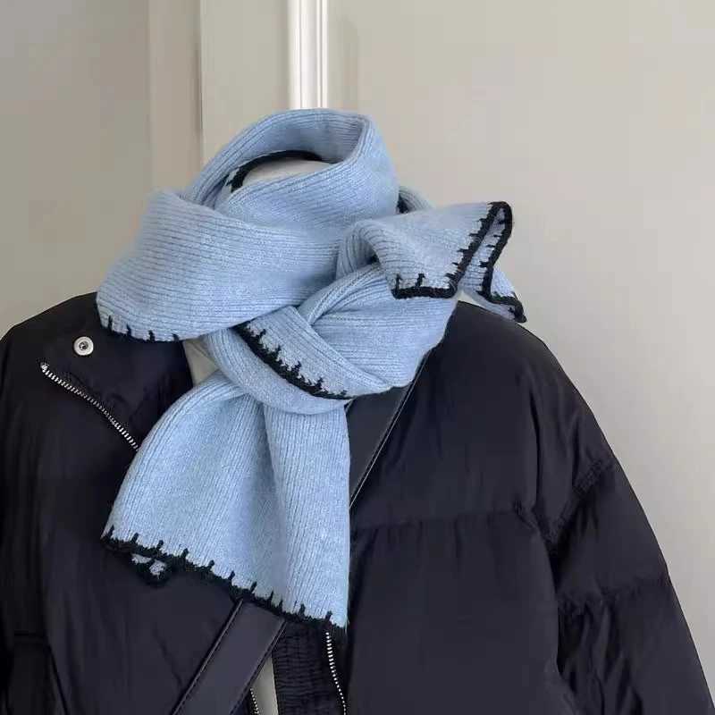 围巾女冬季韩版蓝色针织毛线秋冬天加厚保暖学生百搭围脖纯色时尚