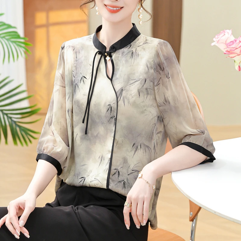 中年妈妈装春装新款雪纺小衫洋气高贵国风上衣中老年女装夏季衬衣