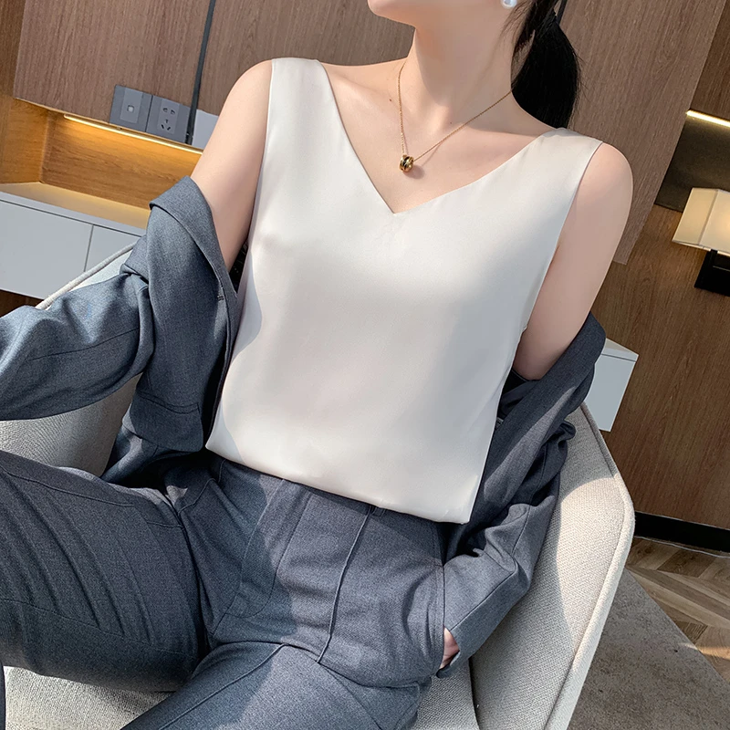 夏季薄款缎面前后V领丝滑吊带背心简约纯色百搭外穿打底时尚内搭