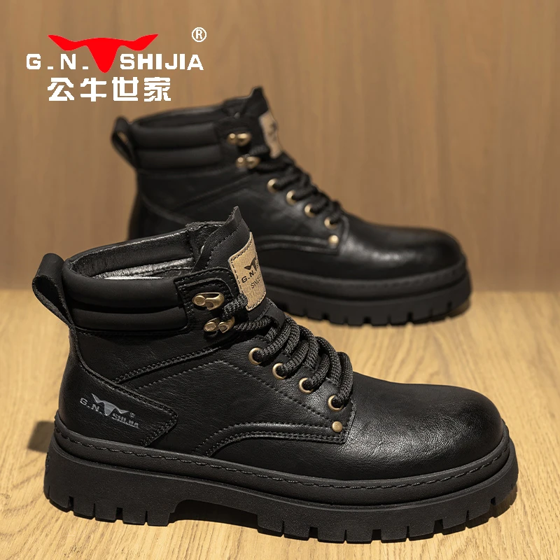公牛世家2025新款男鞋百搭高帮皮鞋秋冬款男士马丁靴休闲厚底鞋