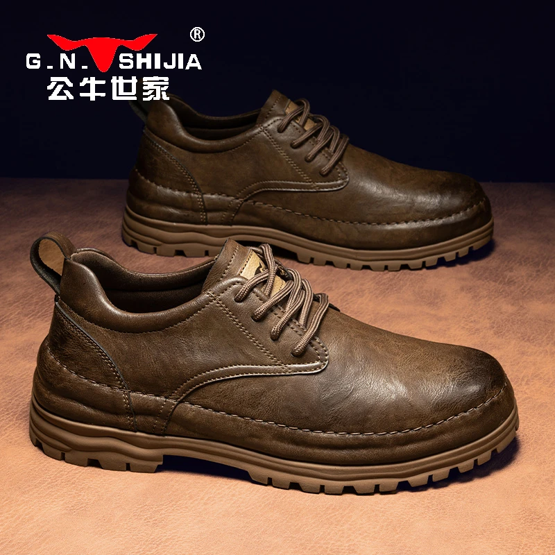 公牛世家男低帮马丁靴2024春秋季英伦休闲商务正装黑色软底大头鞋