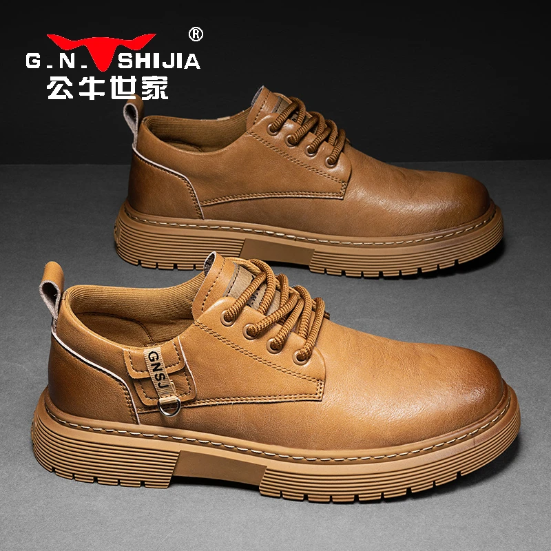 公牛世家2024秋季新款透气皮鞋休闲工装男鞋低帮马丁靴休闲男皮鞋