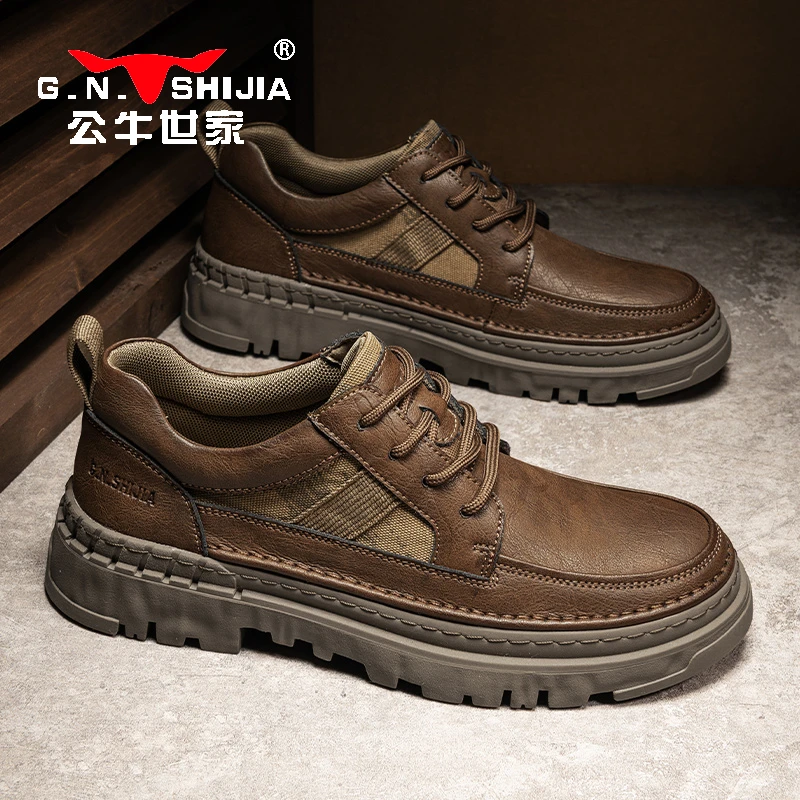 公牛世家2024春秋短靴男款真皮棕色工装皮鞋复古休闲马丁潮靴