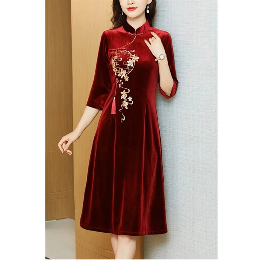 Y137新中式拜年服A改良版长款旗袍国风红色喜婆婆婚礼服装连衣裙