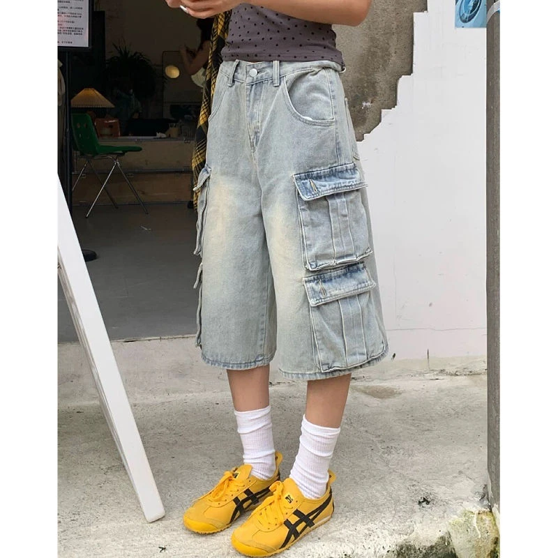 美式vibe复古水洗多口袋工装牛仔七分裤女街头直筒宽松阔腿中裤潮