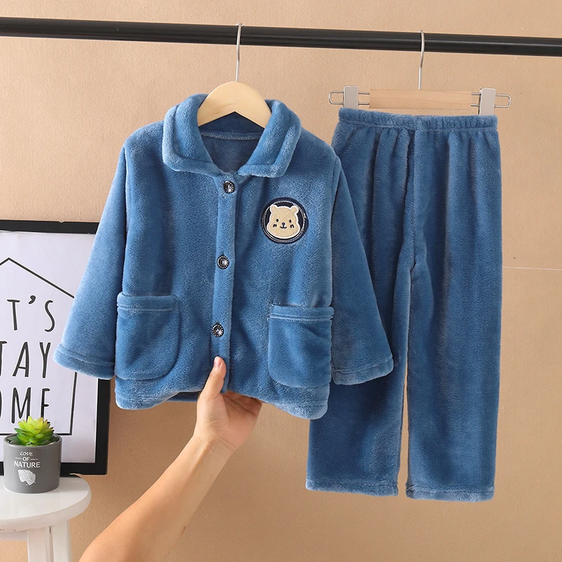 秋冬季儿童珊瑚绒睡衣男童女童加厚法兰绒宝宝男孩冬款家居服套装