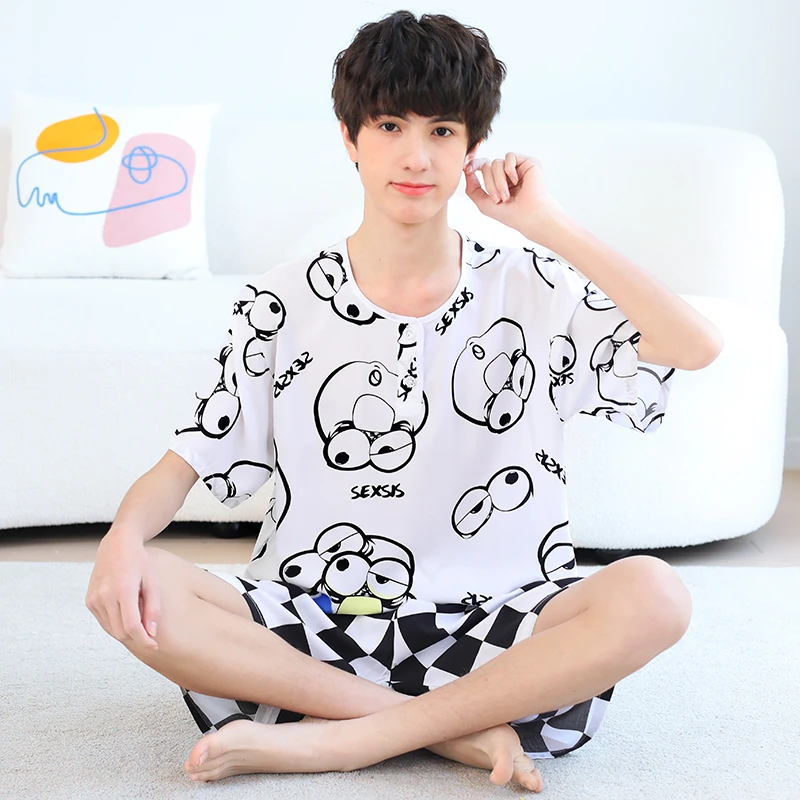 夏天青少年薄款棉绸睡衣套装中学生男童大童短袖绵绸人造棉家居服