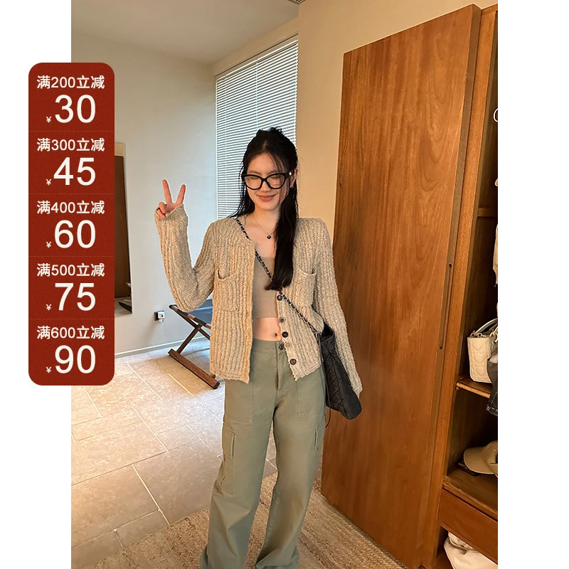 王少女的店【现现】灰杏色休闲针织衫小众设计感开衫外套 G07081S33