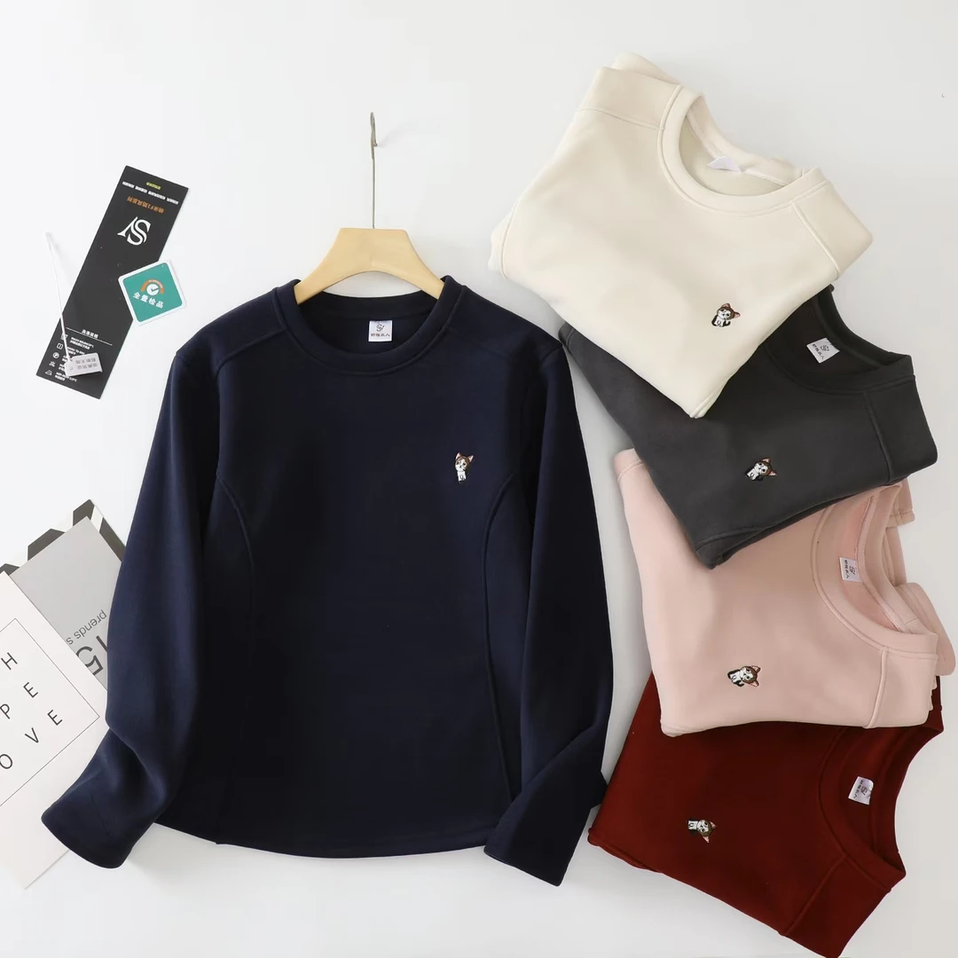 小猫冬款加绒加厚时尚新款宽松长袖保暖圆领卫衣货号9688