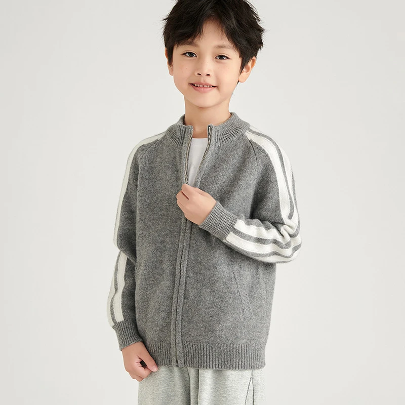 秋冬新款童装男女童100%纯羊毛衫加厚条纹拉链开衫外套儿童针织衫