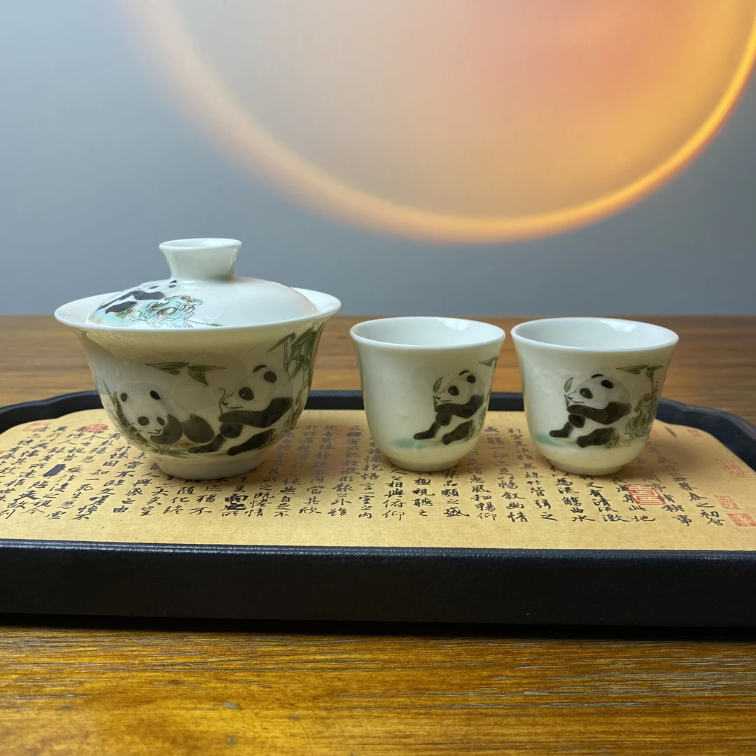 高端羊脂玉熊猫盖碗加两杯高端茶具茶器主人杯H0407