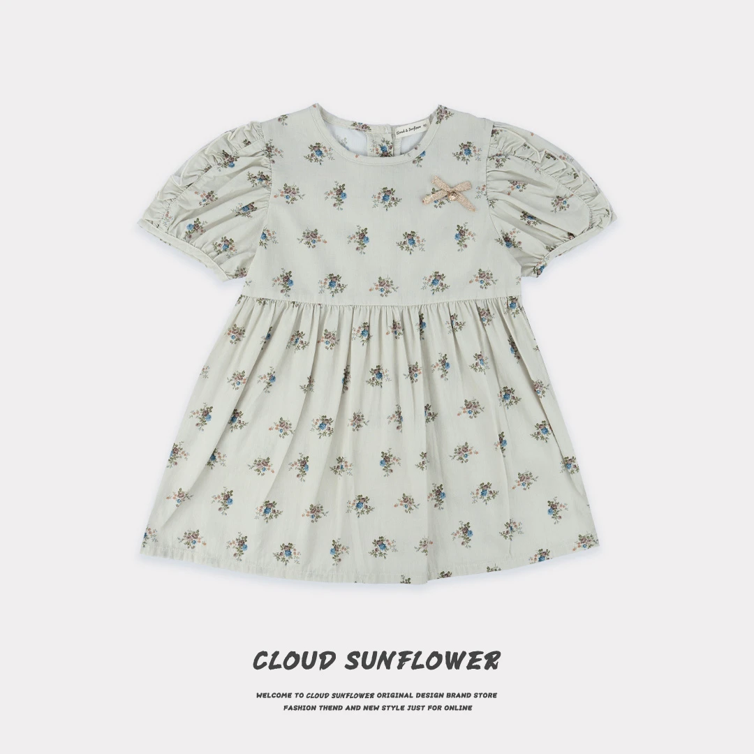 女童木耳边碎花泡泡袖捏褶打揽无袖连衣裙242687